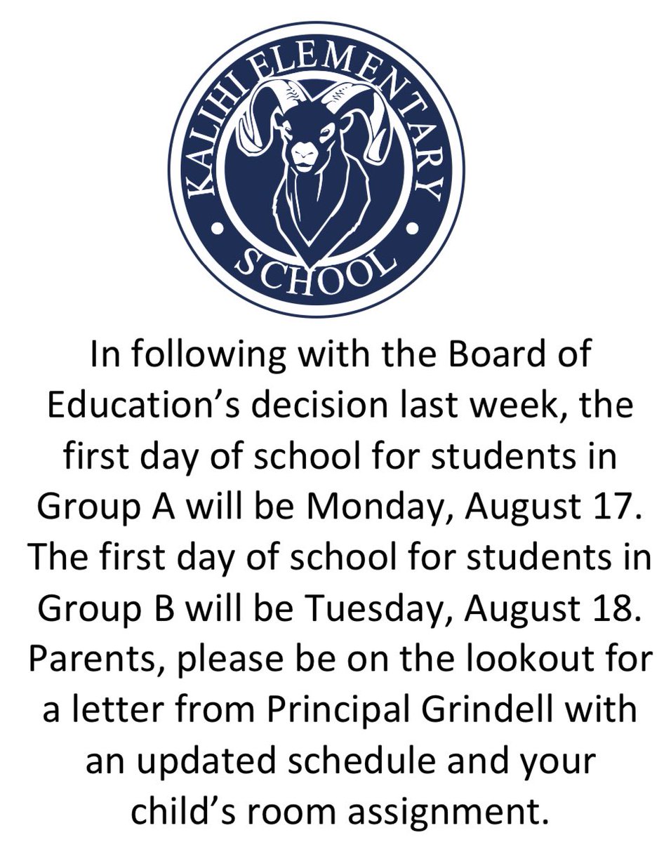 In following with the Board of Education’s deciscision, the first day of school for students in
Group A will be Monday, August 17. The first day of school for students in Group B will be Tuesday, August 18. Parents, please be on the lookout for a letter from Principal Grindell.