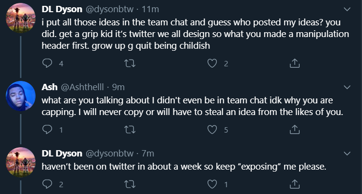 DesignerBeef's tweet image. Todays Designer Beef: 

Ash subtweets dyson because of multiple cloned headers asking for inspiration credit, dyson claims he didnt clone. dyson calls out ash for cloning him because he put the ideas onto a group chat.