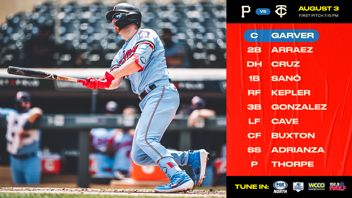 Twins's tweet photo. The Pirates are in town for a quick 2-game series. Here's how we line up in game 1! https://t.co/9XGbqasfU5 #MNTwins https://t.co/plHwNhkrZ1