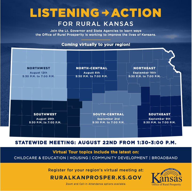LynnRogers4KS's tweet photo. The Office of Rural Prosperity Virtual Tour is kicking off this week! I look forward to hearing from rural Kansans about childcare, education, housing, broadband, and more. #KansasORP https://t.co/iTDYjsNjrn