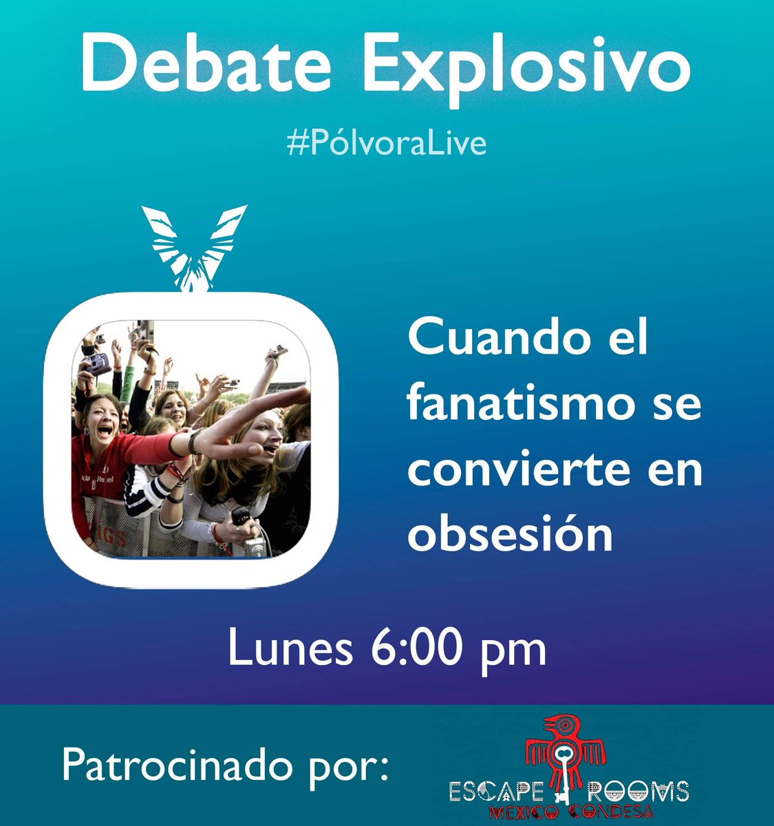 PolvoraRock's tweet photo. Como si se tratara del mismísimo Escape Rooms, hoy en #DebateExplosivo analizaremos las posibilidades que tuvieron algunos artistas al momento de enfrentarse a sus fanáticos obsesivos y acosadores.
¿Qué te lleva a endiosar hasta el extremo?
Nos vemos a las 6pm por IGTV. https://t.co/j5xB54TmEa
