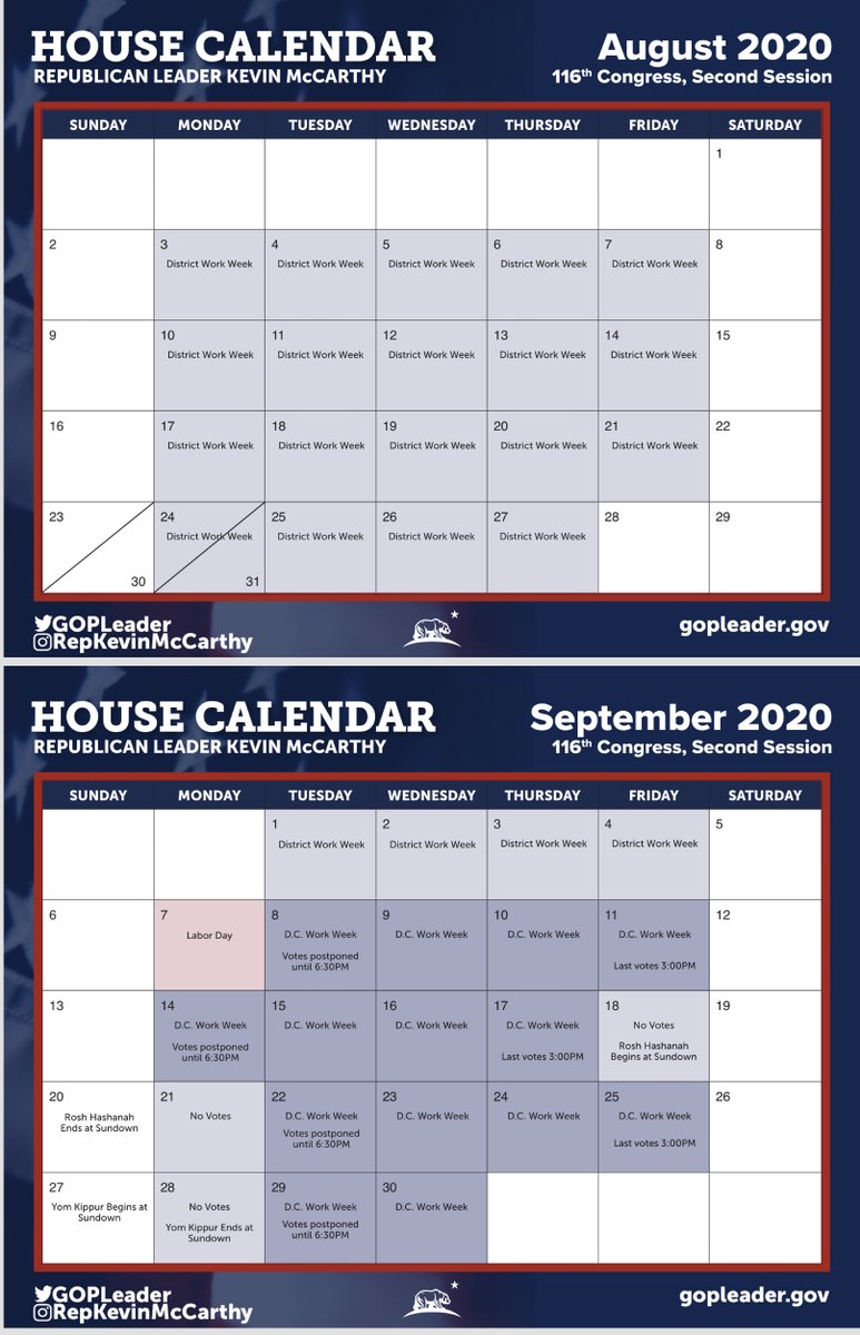 This is the Summer Recess that I previously referenced, the 116th Congressional Calendar was set in late Jan 2019 -data source via  @GOPLeader OfficeErgo the Sept 17th hearing is still kind of expedited  https://republicanleader.house.gov/wp-content/uploads/2020/01/2020AD-Monthly-Centered-UPDATED.pdf
