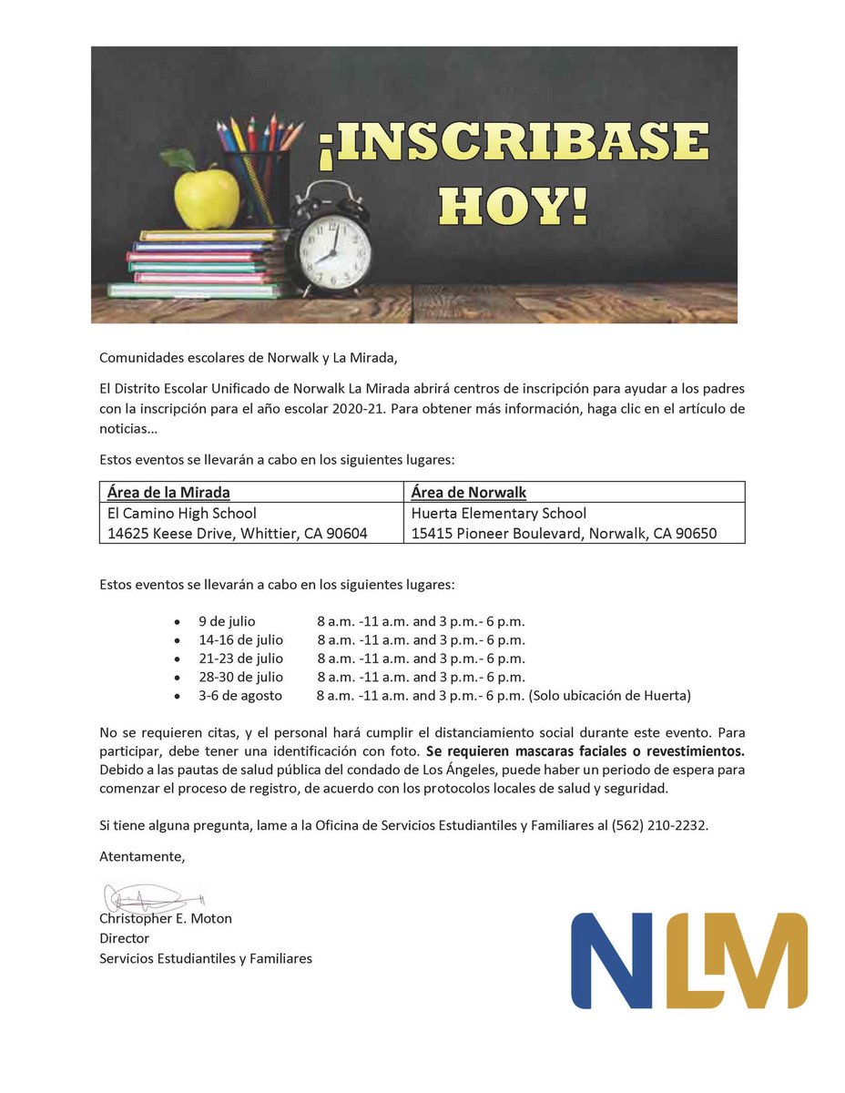 NLMUSD Enrollment Centers are OPEN until August 6th. See flyers for locations and hours of operation.