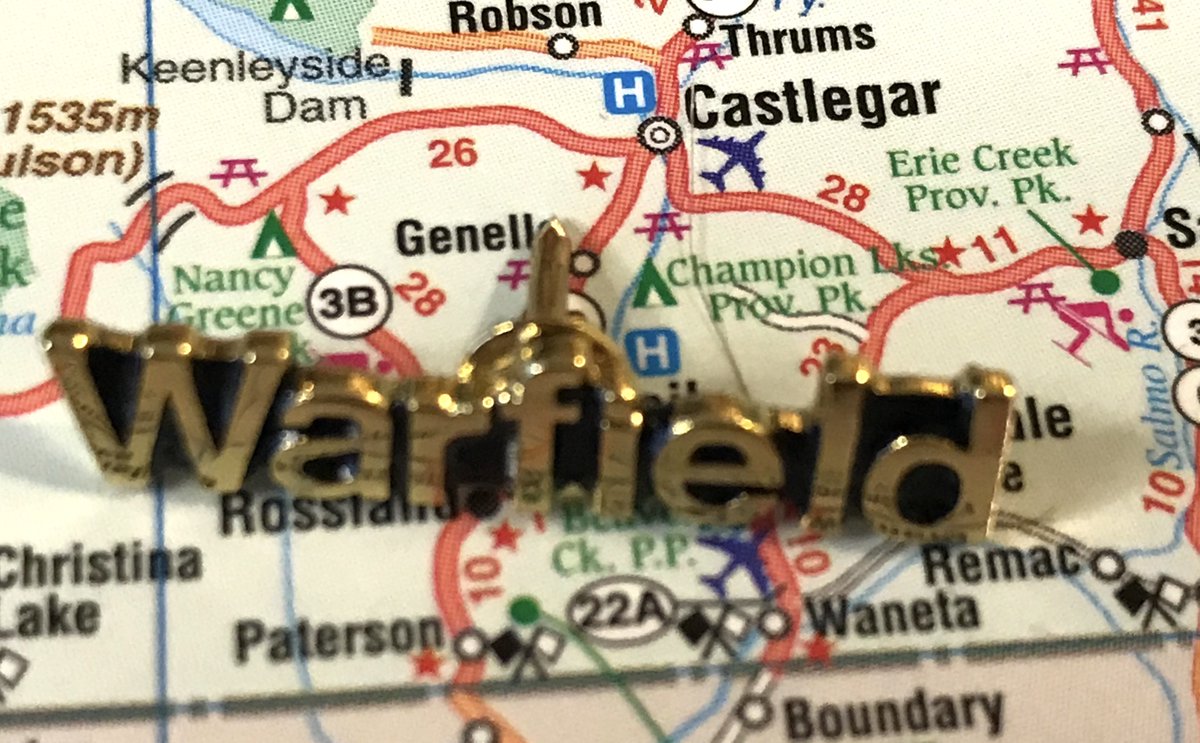 79. WARFIELD- "Jewel of the Kootenays" is debatable for what is essentially Trail& #39;s bedroom community- all the important things: bridge, smelter, weird glowing orb- The modern pin is one of the first I collected (at a UBCM trade show two years ago) and also one of the saddest