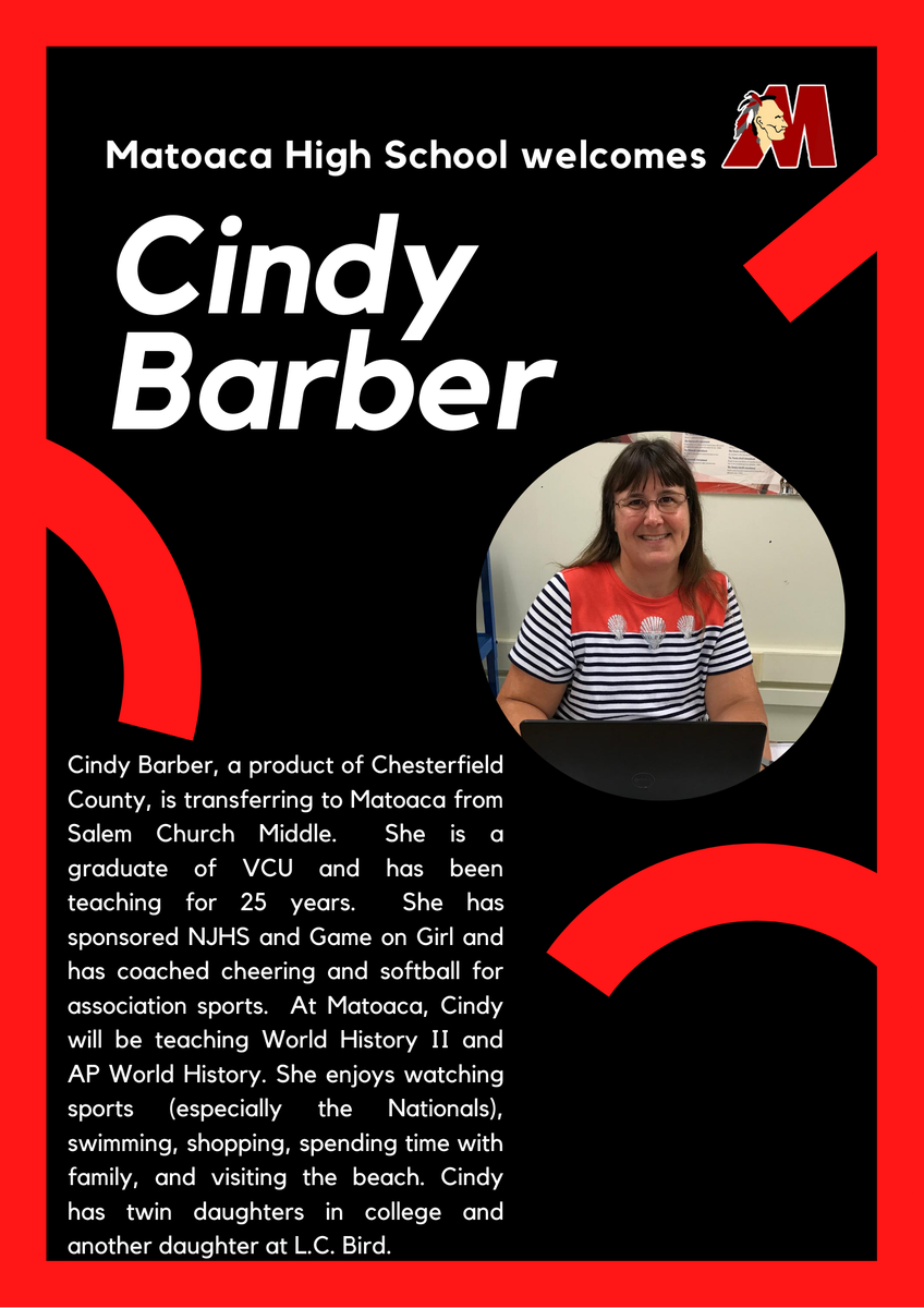 Matoaca High School (@matoacahighs) on Twitter photo Matoaca welcomes Cindy Barber to the Warrior faculty! <a href="/ElizabethSBaber/">Elizabeth Baber</a> <a href="/matoacahsathlet/">Matoaca Athletics</a> Matoaca welcomes Cindy Barber to the Warrior faculty! <a href="/ElizabethSBaber/">Elizabeth Baber</a> <a href="/matoacahsathlet/">Matoaca Athletics</a>