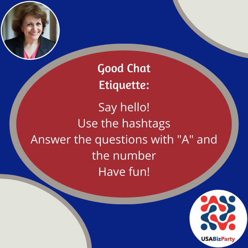 USABizparty's tweet image. New to our chat? Here are some good rules of engagement to help have a great chat:
1. Say hello!
2. Use the hashtags (this week&apos;s are #USABizParty and #VideoScripting)
3. Answer the questions with &quot;A&quot; and the number.
4. Have fun!