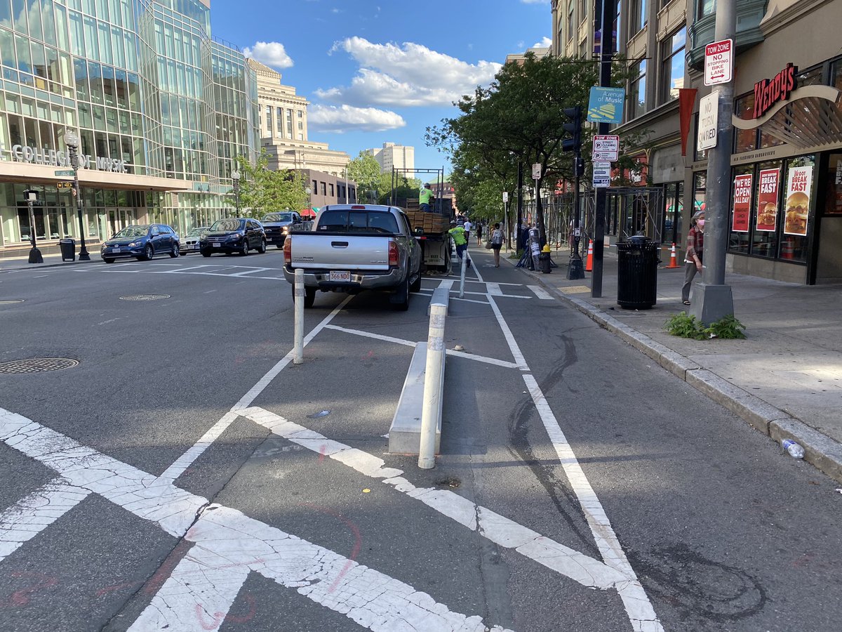 These precast concrete bollards have been really effective!

If it weren't for them, these trucks would've been parked up against the curb in the protected bike lane

Thanks, <a href="/BostonBTD/">Boston Transportation Department</a> <a href="/BostonPWD/">Boston Public Works</a>!