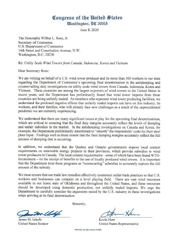 I am glad to see @SecretaryRoss and @CommerceGov make the right choice and protect the Oklahoma wind industry, saving 300 jobs in the Tulsa area. Read the letter @repkevinhern and I sent in June urging them to do just that.