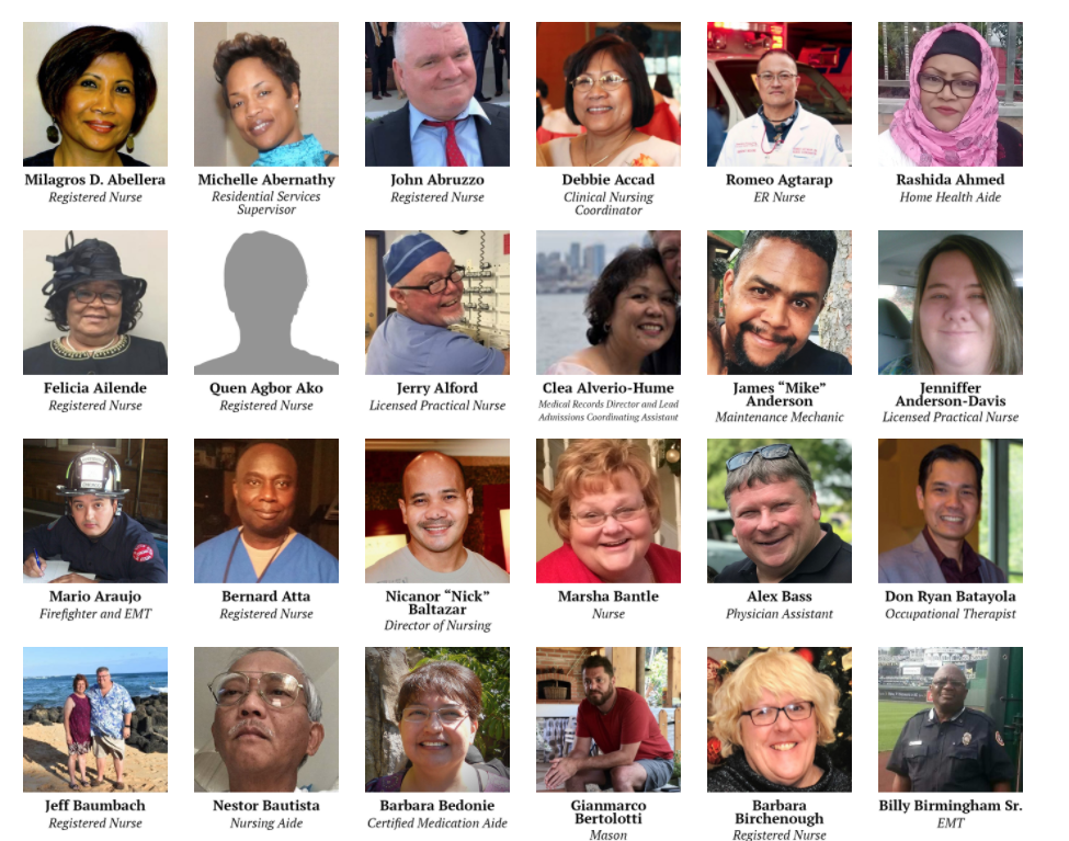 PublicHealth's tweet photo. Nearly 900 U.S. health care workers have died of #COVID19 after helping patients with the disease. In some states, 20% of known cases are among health workers, reports @KHNews: https://t.co/Iq8C9Deo54 https://t.co/kEBijVMq8D