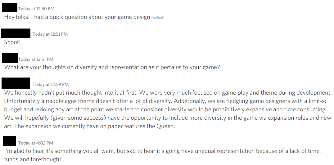 Put yourself in the shoes of a Black gamer. You walk up to a demo table, sit down to play, and find zero representation of yourself in the game. When you politely point this out to the designers (which takes a lot of guts!), they come at you with these awful excuses.