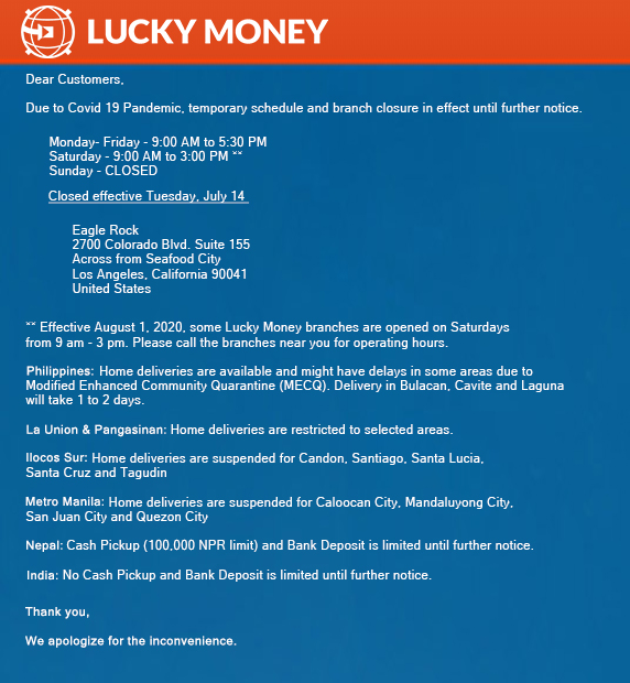 Luckymoneyusa's tweet photo. Dear customers,

Please be advised, some locations are having delays due to Covid-19, view our latest services below

We hope you, your family and friends stay safe and healthy!

Thanks for choosing Lucky Money Inc, where sending money is easier than ever! https://t.co/BvraPNHjEM