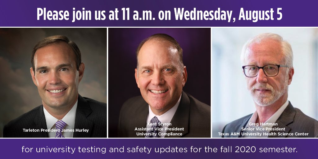 TarletonState's tweet photo. Join us Wednesday, August 5 at 11 a.m. for updates on university testing and safety for the fall 2020 semester.
Livestream information to come. #TarletonUpdates https://t.co/R53LlMvTwe