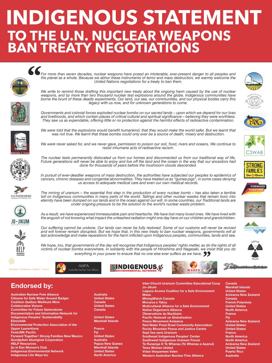 Indigenous communities around the world have disproportionately suffered from the impacts of nuclear weapon production and testing. They offered testimony at the negotiations of the Treaty on the Prohibition of Nuclear Weapons:  https://bit.ly/2D6thXB   #NeverAgain  #nuclearban