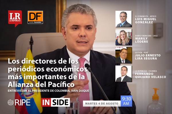 Mañana a las 09:30 horas <a href="/marilyluders/">Marily Lüders</a> junto a los directores de medios RIPE entrevistarán al presidente de Colombia Iván Duque, con quien analizarán los retos de la Alianza Pacífico.
Podrás ver el evento online a través de df.cl