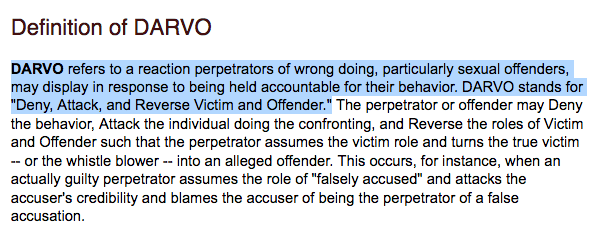 59. Meant to attach the definition of DARVO to tweet #43 but it’s too far back so I’m not going to delete and redo. It stands for "Deny, Attack, and Reverse Victim and Offender”.  https://twitter.com/keikoinboston/status/1290392710382321665