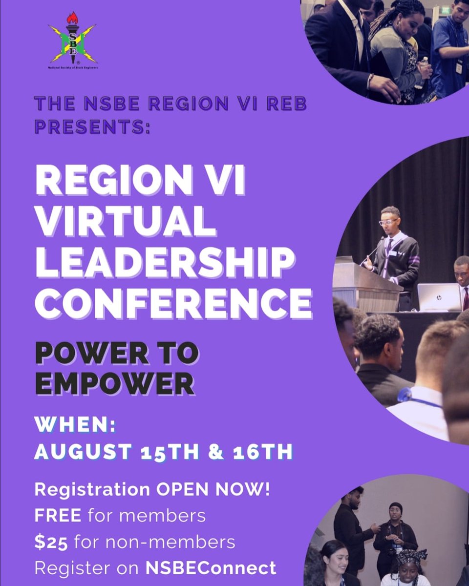 R6NSBE's tweet photo. Registration is open!! Go to NSBE Connect to register 📣📣📣
➡️August 15: 11am-4pm PST
4pm-5pm PST (Social Hour)
➡️August 16: 1pm-5pm PST
5pm-6pm PST (Social Hour)
#nsbe #nsberegion6 #r6nsbe #nsberlc #virtualconference #leadership #engineering #powertoempower https://t.co/oka0NeyKSg