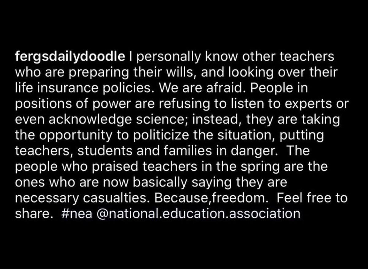 EdsForJustice's tweet photo. The reality we’re all dreading. Thank you @fergsdailydoodle on IG for putting our fears into words 🙏🏼
#educatorsforjustice
#ReopeningSchools
#protectteachers https://t.co/b3uGps97Rx