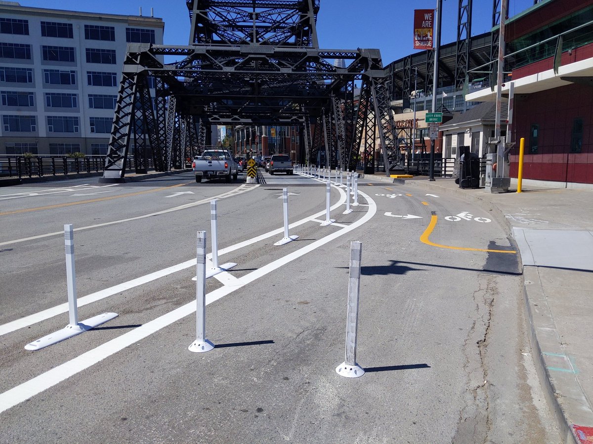New protected two-way cycle track across the Lefty O'Doul bridge. Not gonna measure it because cycle tracks have to be wide, but the entrance posts should prevent driver abuse. 