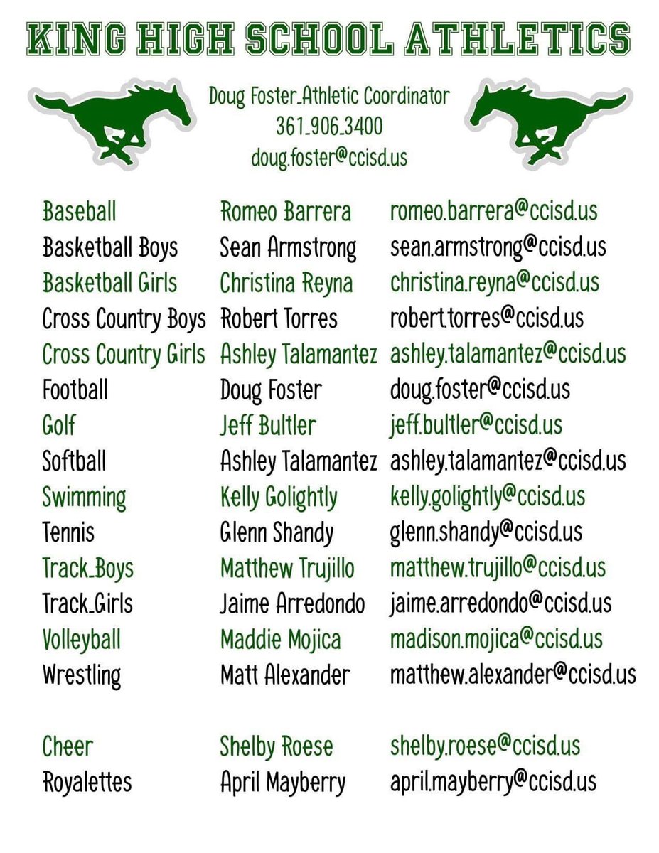 Parents:
Should you need to contact a coach for a specific sport please refer to the list attached.  Thank you!