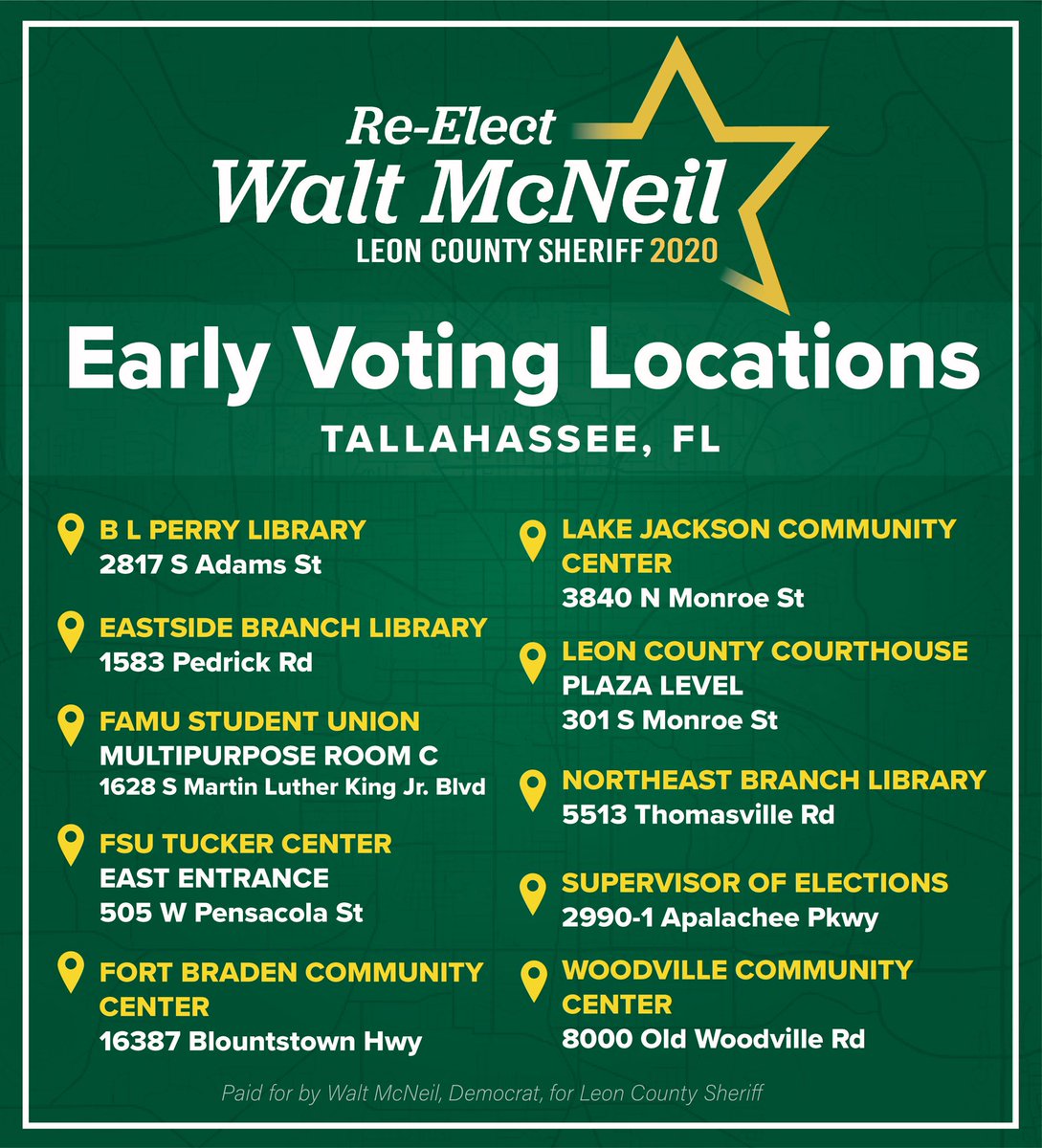 The first day of Early Voting is complete! If you couldn't make it to the polls today, locations are open seven days a week from 10am-6pm, with the Leon County Courthouse open from 8:00am-4:00pm. 

You can find more information at leonvotes.org.