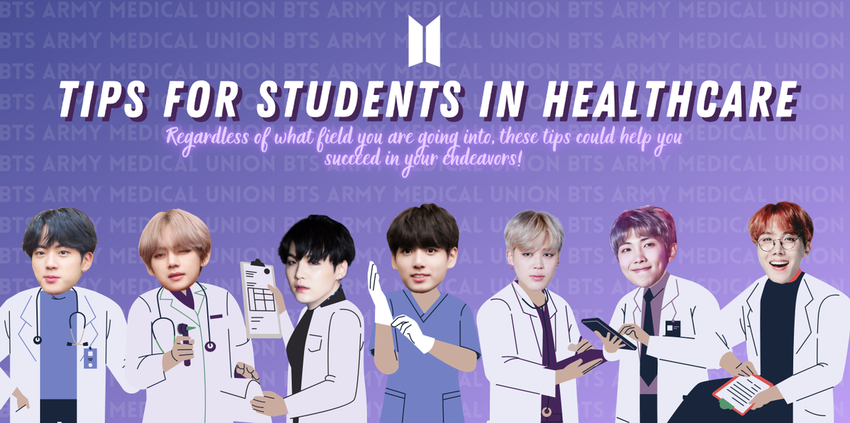 armymedunion's tweet photo. Being a student in the healthcare field may not be easy, but it's not impossible. The #BAMUhcp (health care providers) department is here to bring you some tips to survive 💜

[ A THREAD by admin Cathi 💜 ] @BTS_twt https://t.co/TjzNV6v8zo