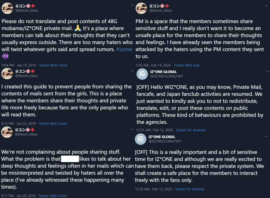 Korean WlZ*ONE have tried warning us not to share PM publicly because of how it can hurt lZ*ONE, but many intl fans brush this off as capitalism. PM translations are often shared publicly to show a more casual side of lZ*ONE without realizing the harm it causes.