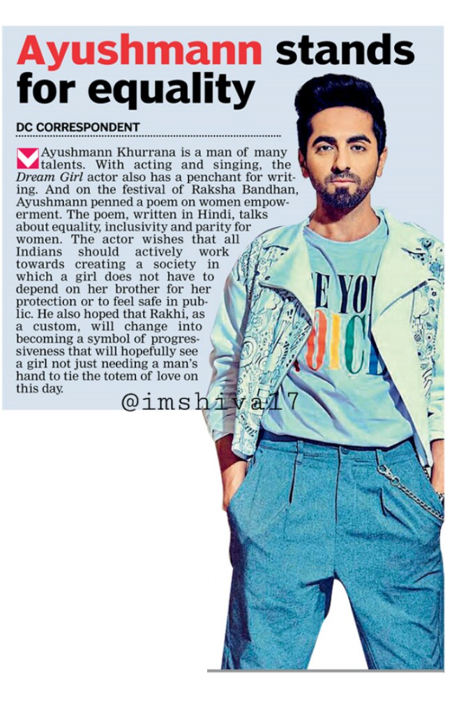 imshiva17's tweet photo. Ayushmann stands
 for equality ... @ayushmannk 

On the festive of #RakshaBandhan , #AyushmannKhurrana penned a 
poem on women empowerment. 
The poem written in Hindi, 
talks about equality, inclusivity 
and parity for women. https://t.co/hKakGDnpQw