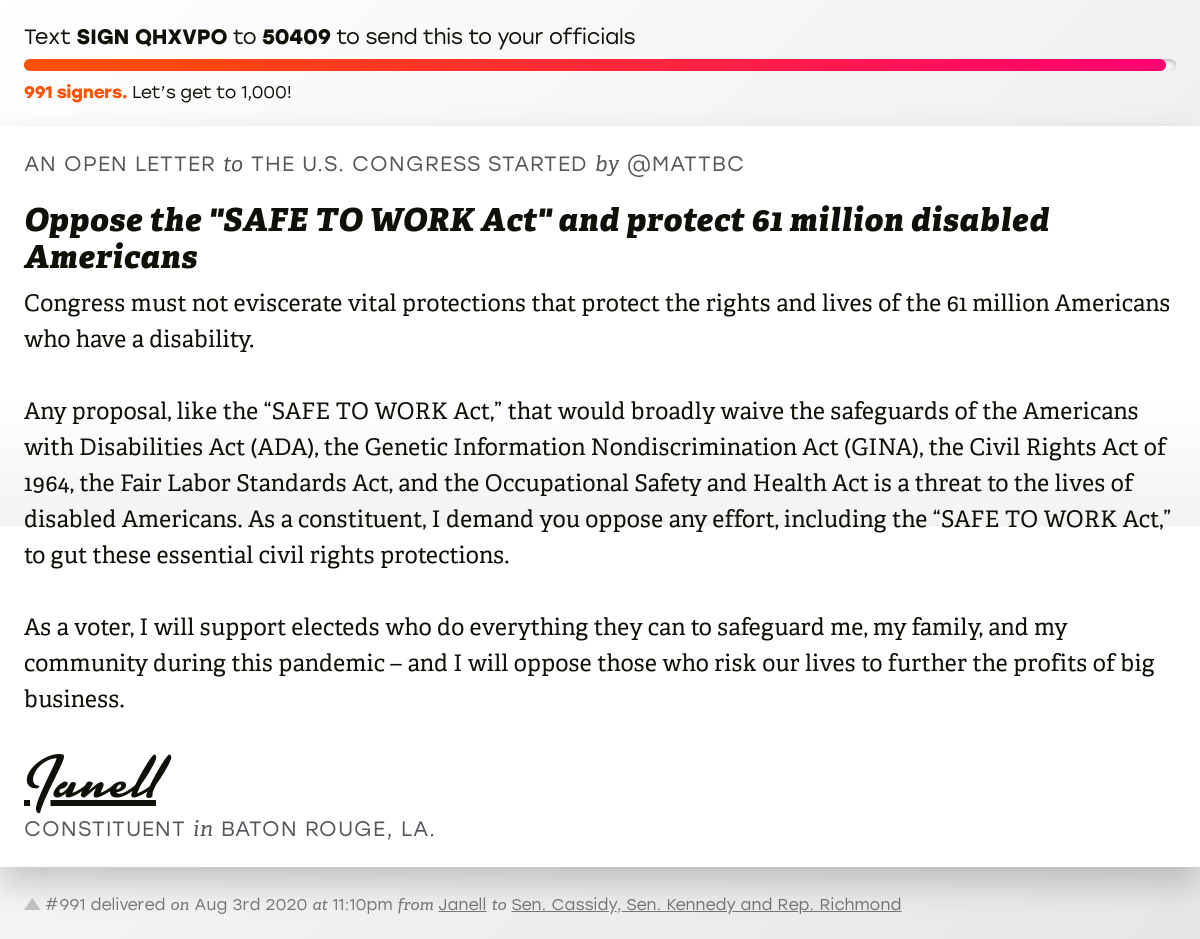 Open Letters Sign Oppose The Safe To Work Act And Protect 61 Million Disabled Americans And I Ll Deliver A Copy To Your Officials T Co Gviqgztrvo No 991 Is From