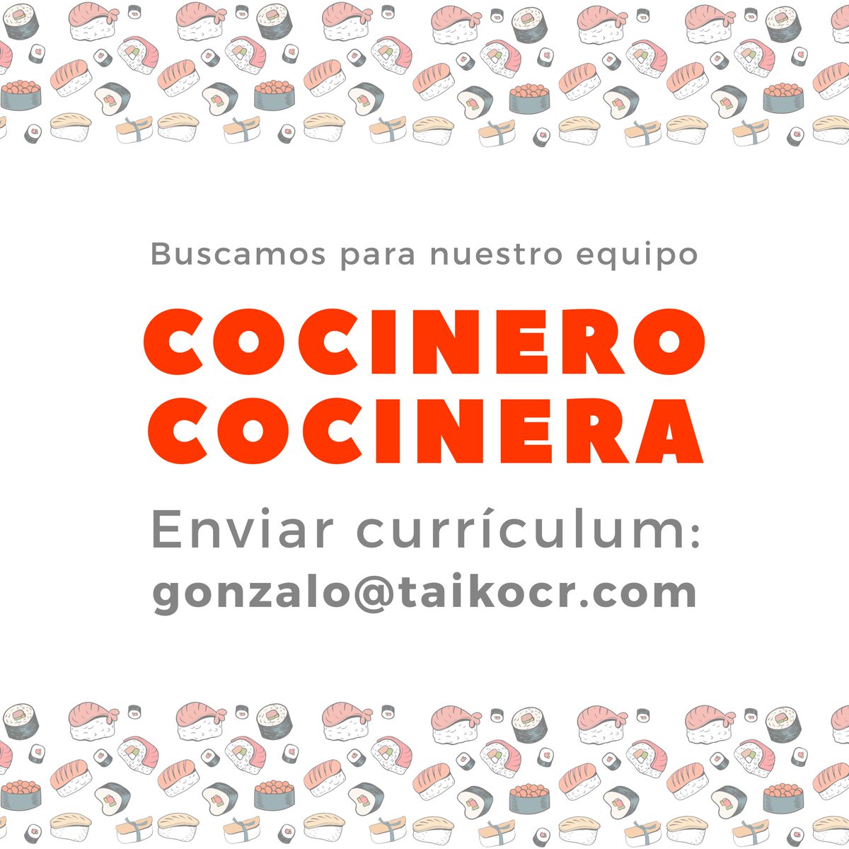 Requisitos:
- Vivir en Ciudad Quesada.
- Tener carné de manipulación de alimentos.
- Tener 2 años de experiencia como mínimo.
- Hoja de delincuencia.