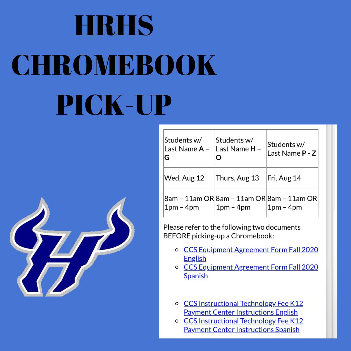 HRHSstuco's tweet photo. Hey Bulls!🐮💙 If you would like to pick up a Chromebook, check out the schedule posted on the announcement section of the school’s website! 

Please note: You will need to refer to the two doctors under the schedule before before pick up! #gobulls https://t.co/XMnA2egCVh