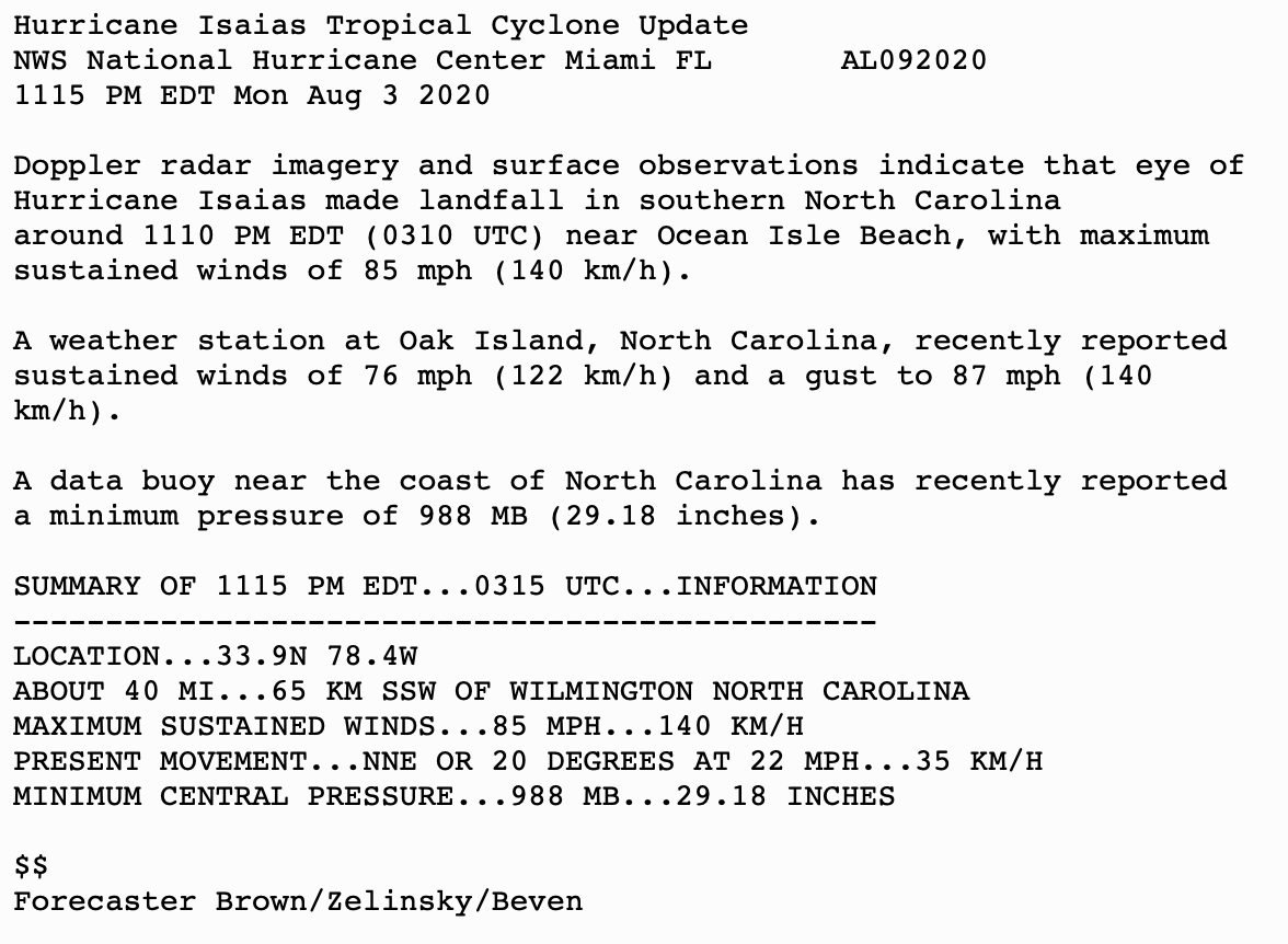 NHC_Atlantic's tweet photo. Hurricane #Isaias has made landfall in southern North Carolina near Ocean Isle Beach around 1110 PM EDT with maximum sustained winds of 85 mph.  Latest information at https://t.co/tW4KeFW0gB https://t.co/xi2C2VDfym