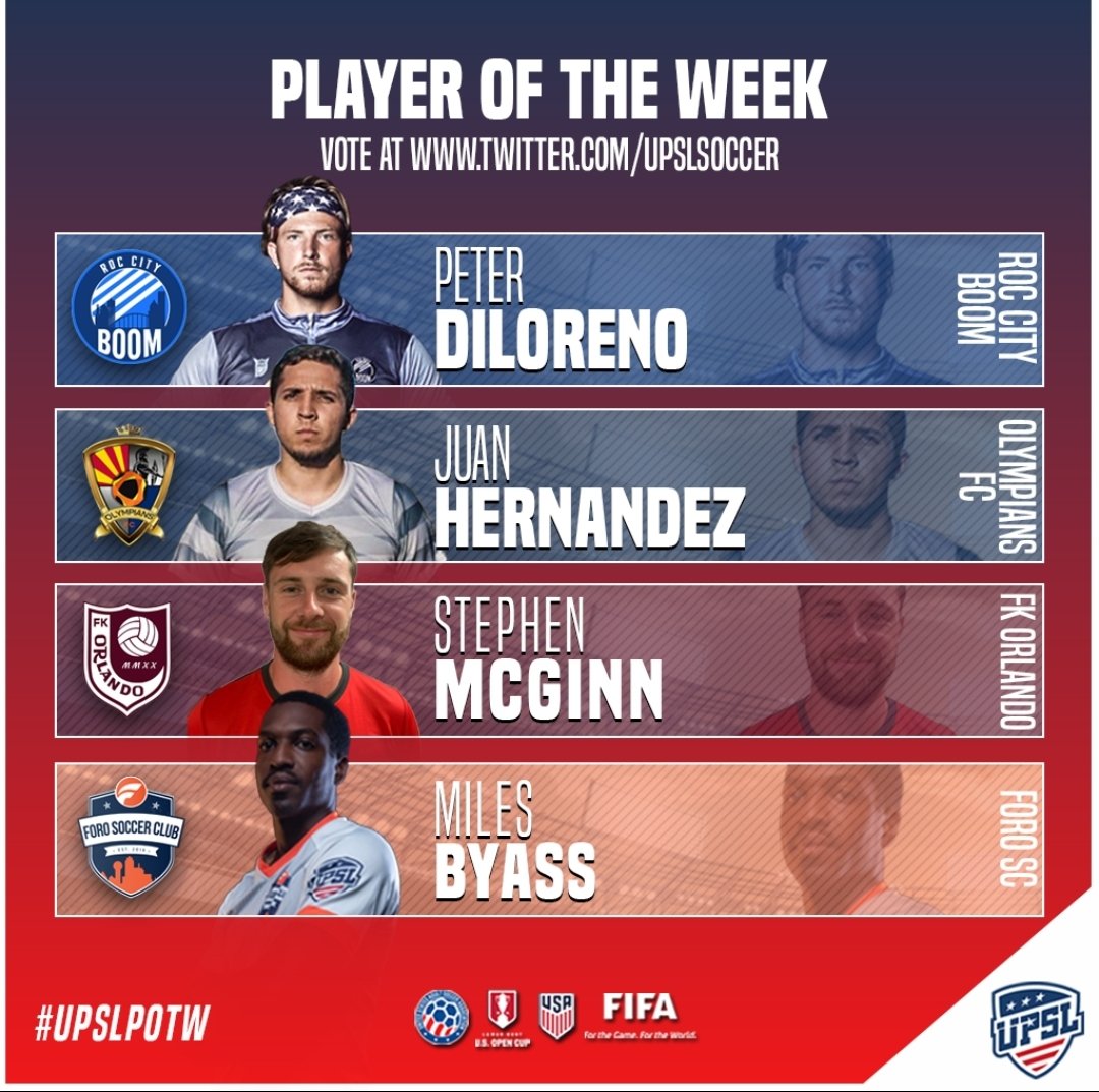 1. Peter DiLorenzo (<a href="/boom_roc/">Roc City Boom</a>) - 2 goals &amp; 1 assist in 4-1 win.

2. Juan Hernandez (#OlympiansFC) - 2 goals in #UPSL_Arizona title win.

3. Stephen McGinn (<a href="/fkorlando/">Fudbalski Klub Orlando</a>) - 3 combined goals in two wins.

4. Miles Byass (<a href="/ForoSoccerClub/">Foro Soccer Club</a>) - 3 goals &amp; 1 assist in 4-2 win.