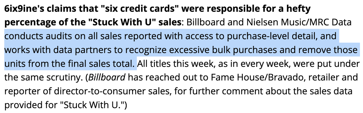 Do I recommend creating separate orders of 4 copies each, with the same credit card?No, as both Nielsen and Billboard conduct audits to look for “excessive bulk purchases.” When it finds these, it removes them from the sales total, meaning they do not count for the charts.