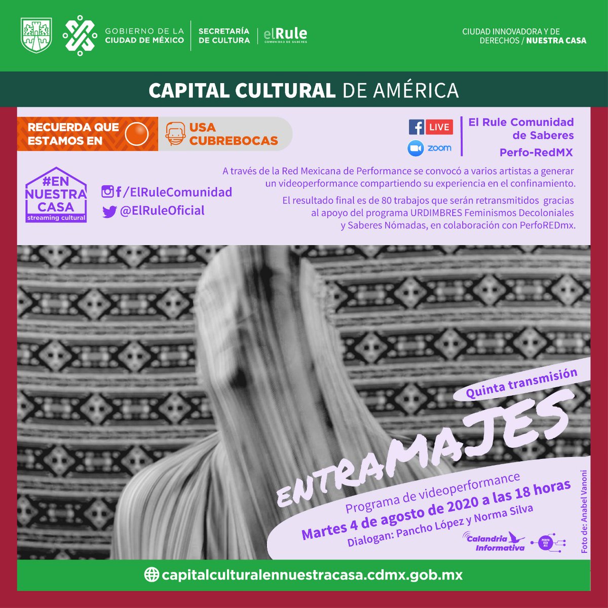 ElRuleOficial's tweet image. ¡En unos minutos!

A través de Facebook Live disfruta de la 5ta transmisión en vivo del ciclo de #videoperformance Entramajes 📹

Actividad de #URDIMBRES Feminismos Decoloniales y Saberes Nómadas, Calandria Informativa y Perfo-Red MX

Dialogan: Pancho Lopez y Norma Silva