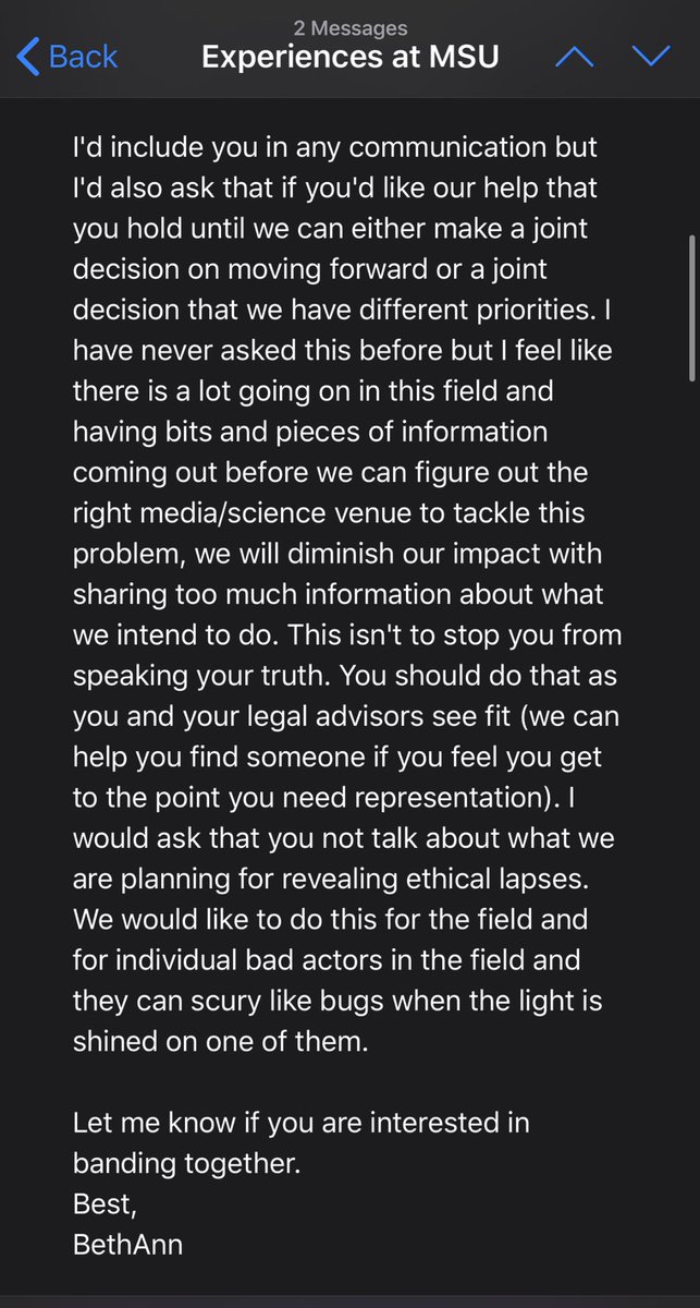 I had been traumatized by one “rockstar” in the survivor community. I was vulnerable to being quieted by another one. I’ve included the portion of her email I have referenced above. I’m so sorry to everyone who has been hurt by this person/organization. (10/10)