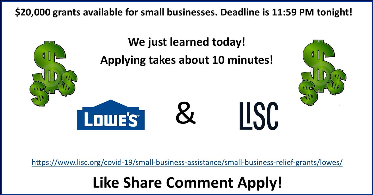 Hey all!  We know it is late notice, but we just found out about this grant opportunity today! <a href="/Lowes/">Lowe's</a> has partnered with <a href="/LISC_HQ/">Local Initiatives Support Corporation (LISC)</a> To provide $20,000 grants to small businesses. DEADLINE IS TONIGHT 11:59 PM. App takes about 10 minutes!
lisc.org/covid-19/small…

#haywoodstrong