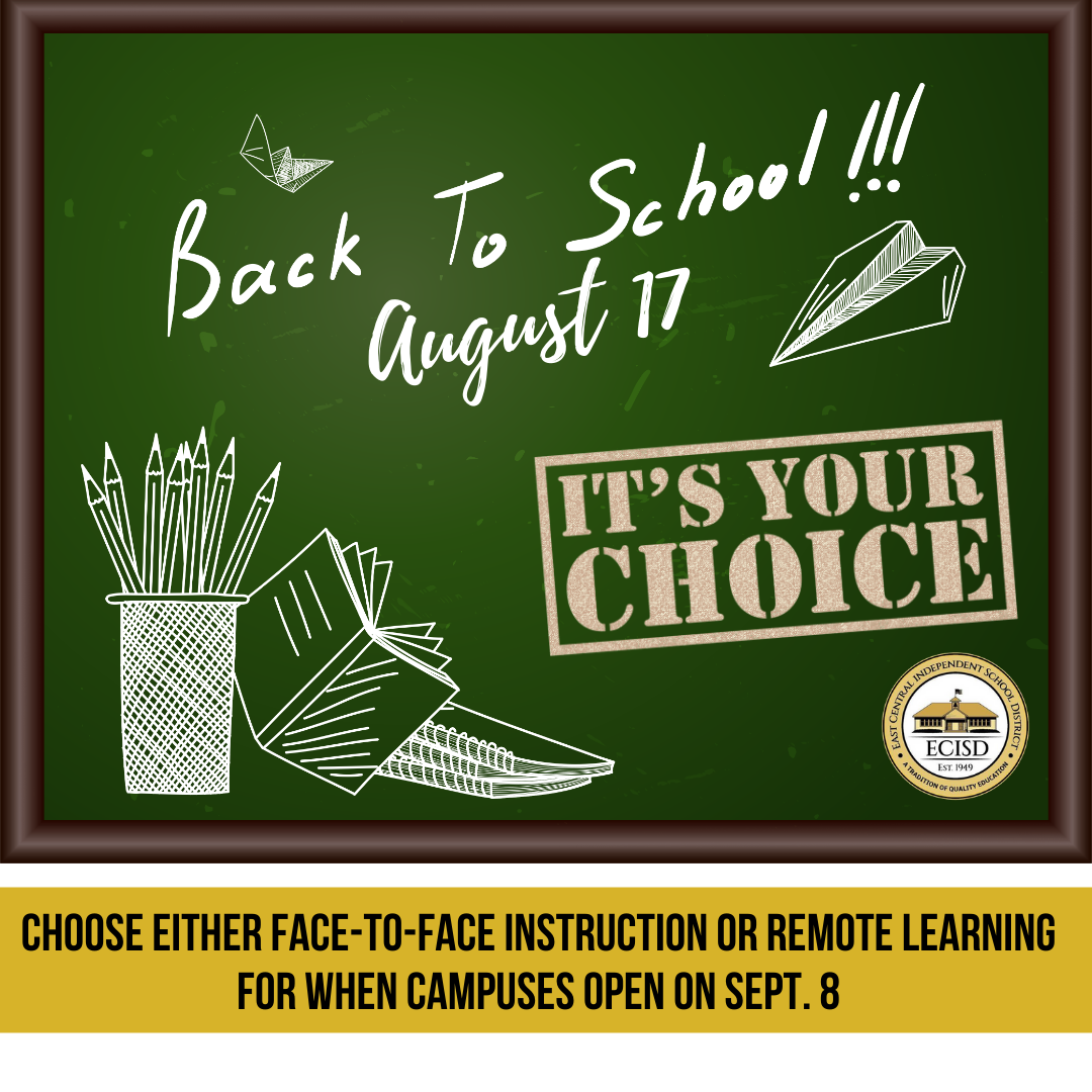 ECISDtweets's tweet photo. The school year starts on Aug. 17 with 100% remote learning. We are slated to have campuses reopen for those that want to switch to face-to-face instruction on Sept. 8. You may continue to take remote learning even though campuses reopen.

LINK: https://t.co/xL3nhDghzf https://t.co/vBmhwrdjH1
