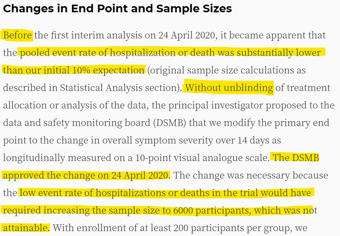 /57  #nCov19  #covid Last one in this subthread. I have no problem with the fact the study endpoints were changed. This happened in blinded fashion so no bias was introduced and the reasons are very clear. https://www.acpjournals.org/doi/10.7326/M20-4207