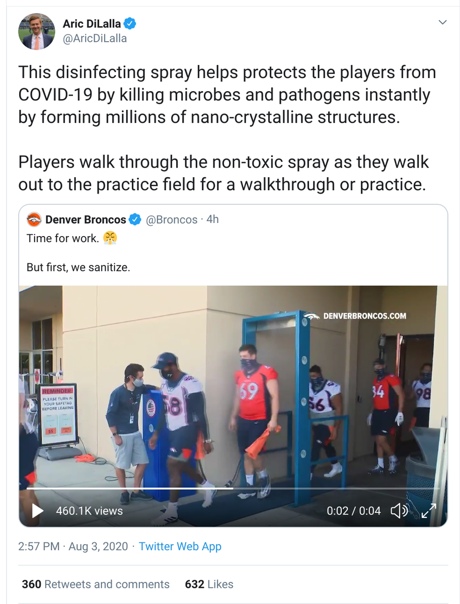 Pandemic theater. Broncos players are coming out of an *indoors* locker room, to pant at each other at close range, but not before being sprayed by, uh, mumbo-jumbo nano-crystalline disinfectants!. (Do more! Activate the holosensors! Use positronic beams too!)  ht  @benjiwade