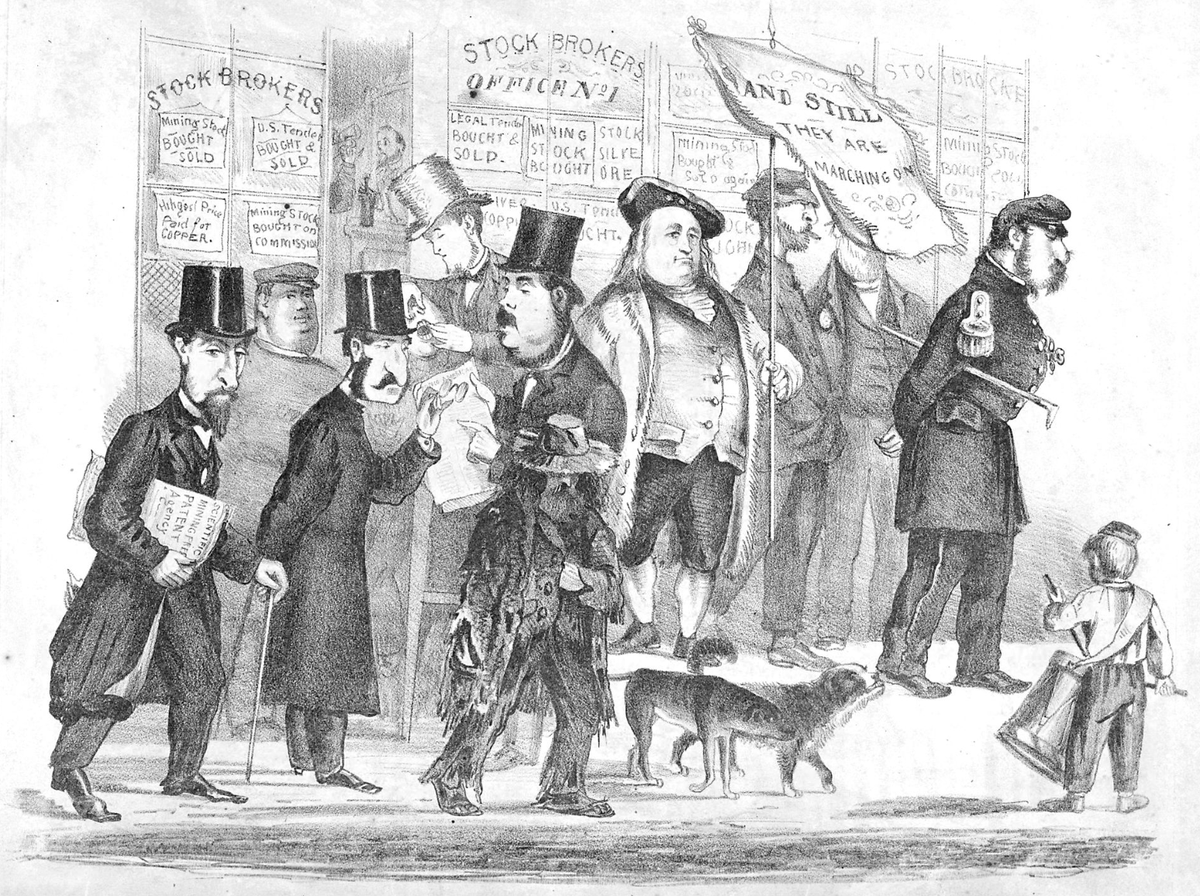 "Ambling Down Montgomery Street. Joshua A. Norton, Bummer and Lazarus are accompanied by "George Washington II" another local eccentric."