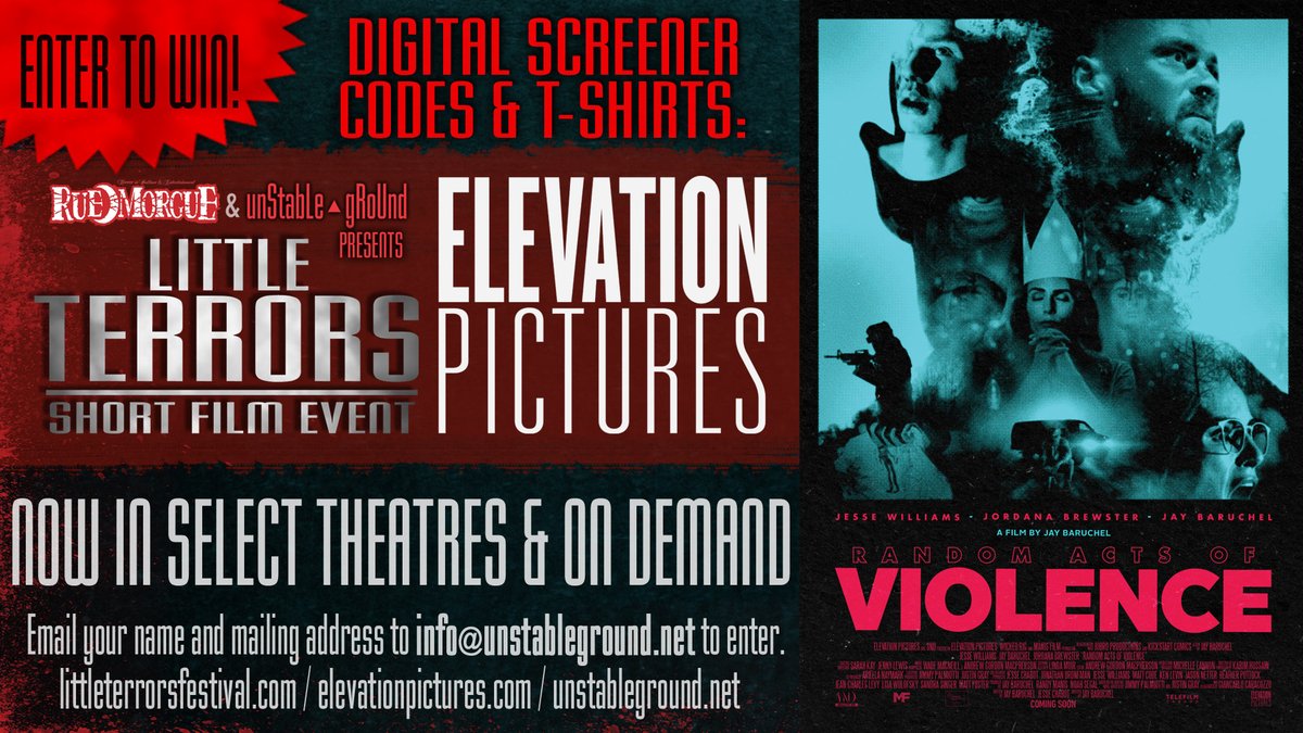 Little Terrors is proud to partner with <a href="/Elevation_Pics/">Elevation Pictures</a>  and @TARO_PR  to give away digital screener codes and T-shirts for Jay Baruchel's new horror film <a href="/RandomActsMovie/">Random Acts of Violence Movie</a> ! Simply email your name and address to info@unstableground.net to enter. Contest ends Monday, August 10th.