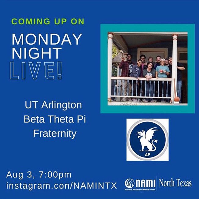Join us in a livestream as members of the UTA Beta Theta Pi fraternity discuss the importance of mental health and awareness, presented by <a href="/namintx/">NAMI North Texas</a> on instagram!