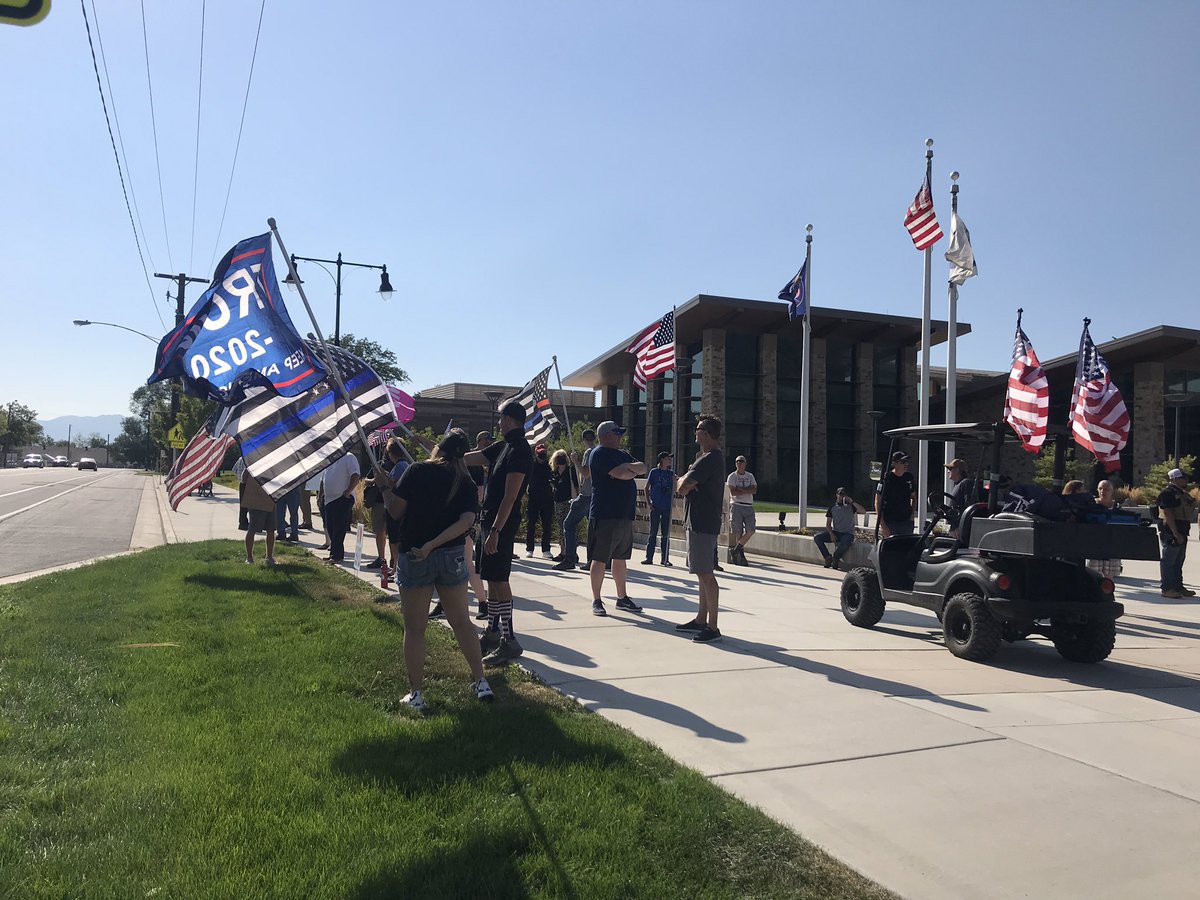 In Cottonwood Heights for several scheduled protests. The first is in support of the police dept. Lots of US flags. A couple Trump flags.