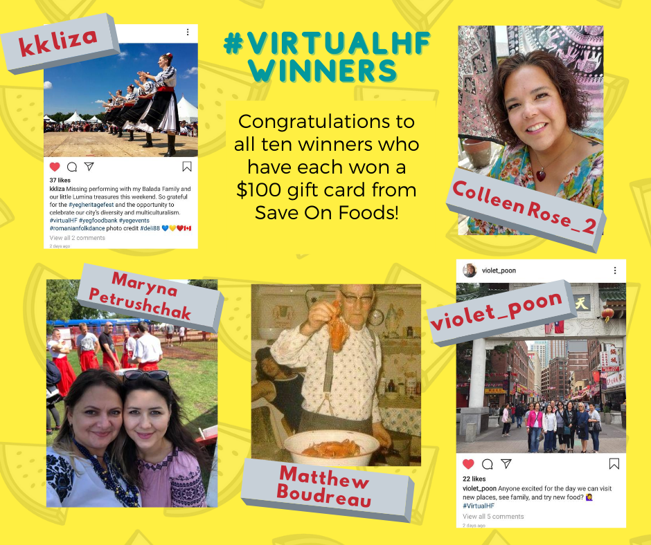 EdmHeritageFest's tweet photo. Congratulations to the 5 final winners of the #virtualHF contest! You have each on a $100 gift card from @saveonfoods. We will contact all winners. Enjoy and thanks for playing. #yeg #yegheritagefest#yegfoods https://t.co/Mp594MagPz https://t.co/vx9x61fEKV