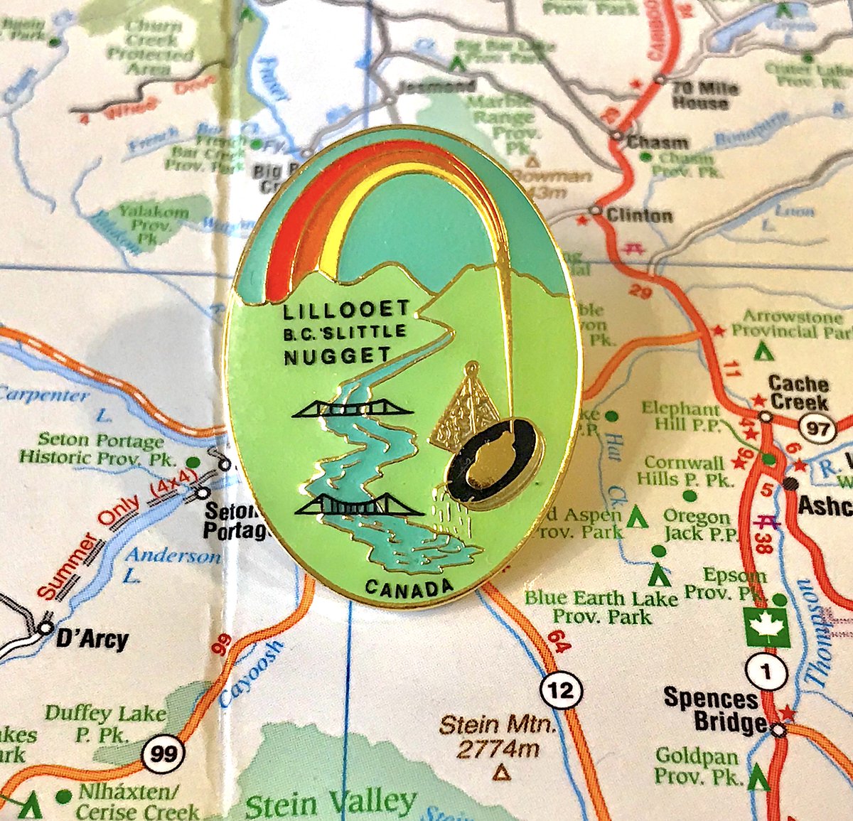 22. LILLOOET- "B.C.'s little nugget" OW MY HEART- rainbows only have three colours now- least necessary placement of "Canada" yet- my favourite messy boy of a pin