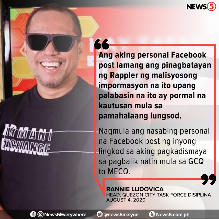 News5PH's tweet photo. Sinisi ni Quezon City Task Force Disiplina head Rannie Ludovica ang Rappler dahil sa pagkuha nito ng kanyang personal post kaugnay sa umano'y "shoot-to-kill" order sa mga lalabag sa quarantine protocols. https://t.co/WguAOLOXyJ
