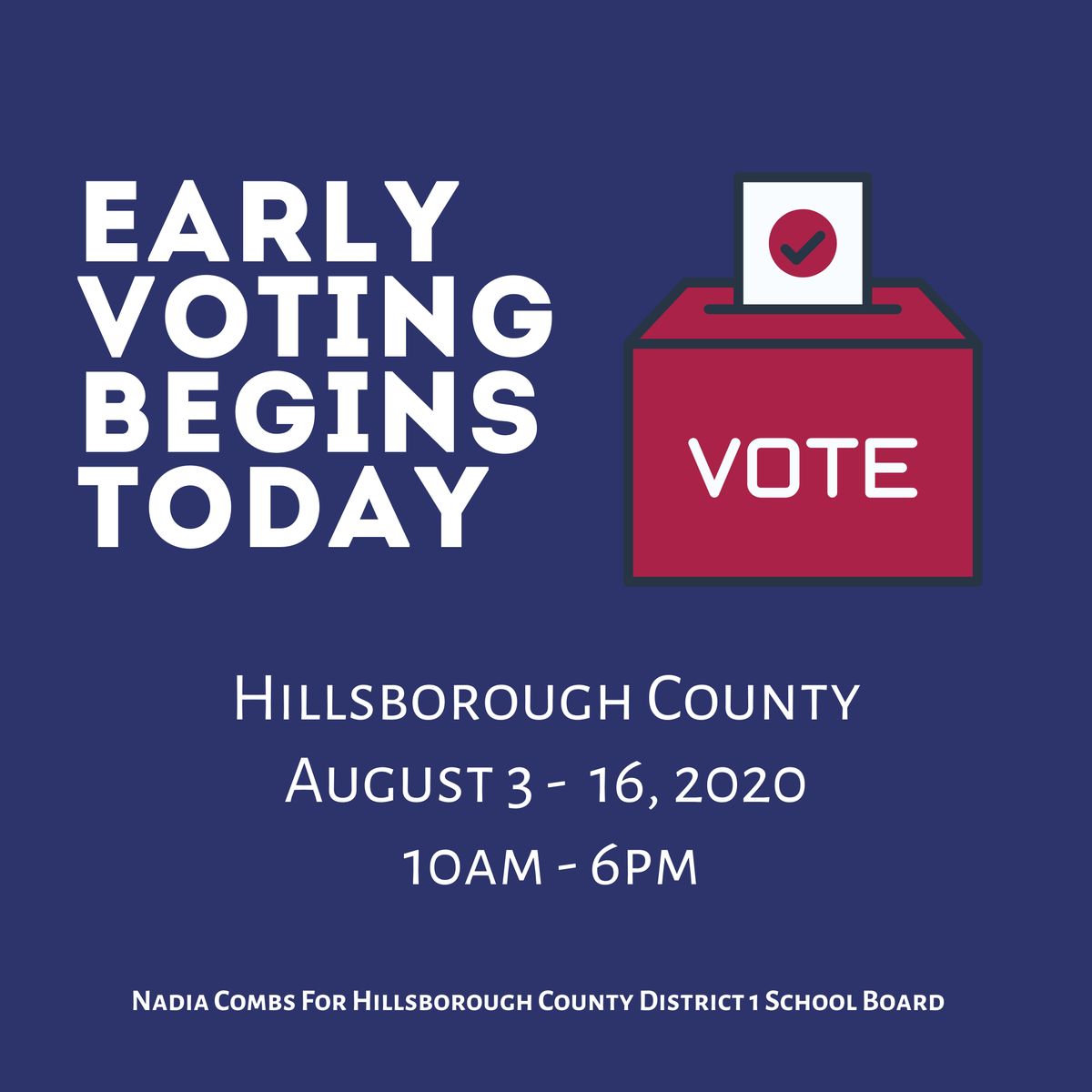 NadiaCombsFL's tweet photo. Early Voting gives you the freedom to vote when it best fits your schedule. Get ahead and go vote! 
#VoteNadiaCombs

#EarlyVoting #EarlyVotingfl #PrimaryElection2020 #Tampafl #VoteEducators #FloridaPrimary #FloridaElection https://t.co/klBwwRVaVH