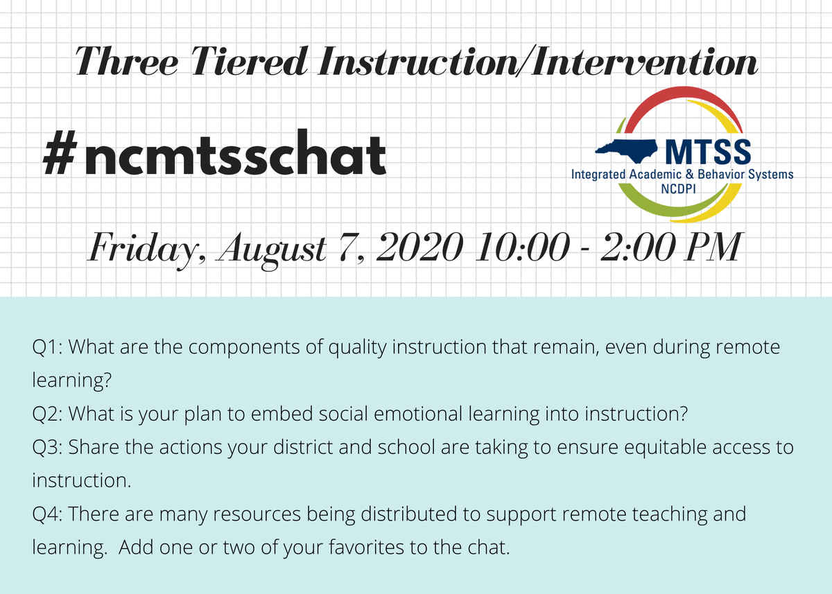 Are you wondering how your teams are going to embed #SEL into instruction? 

Join Friday's #ncmtsschat where you'll hear from implementers about this critical topic &amp; others!
Check out 4 Questions below that will be released every hour beginning at 10AM 
<a href="/InterveneQueen/">Alisha Schiltz, PhD</a> 
<a href="/JTiabs/">JadeTIABS</a>