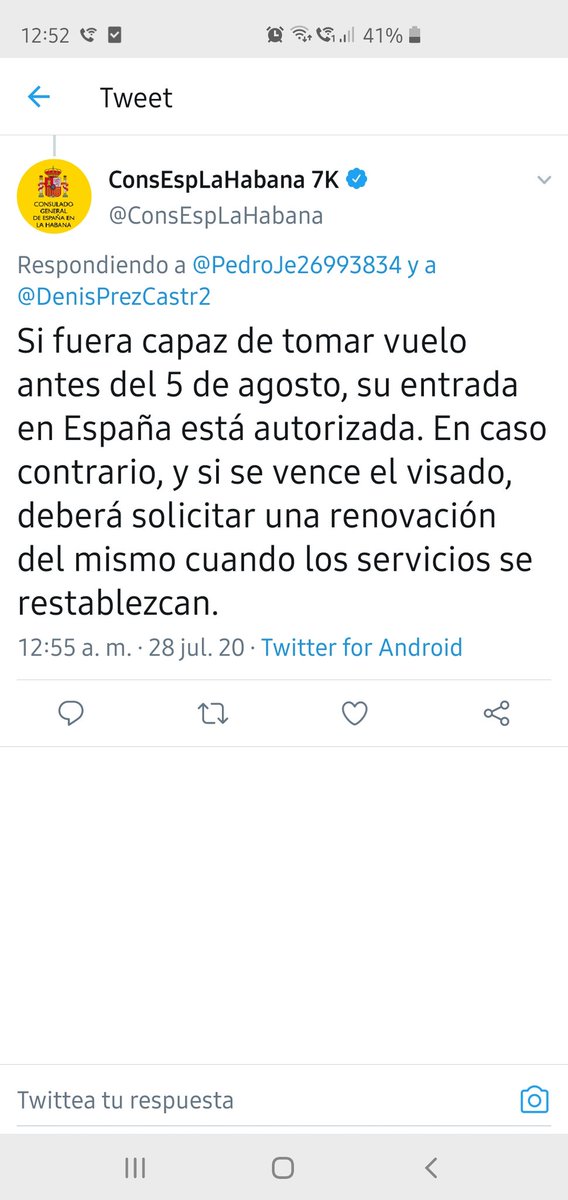 DenisPrezCastr2's tweet photo. @ConsEspLaHabana Pero este mismo Consulado me informó que la entrada de mi esposa estaba permitida. Cuba es la que no me la deja salir no? https://t.co/JuTkKLGWpY