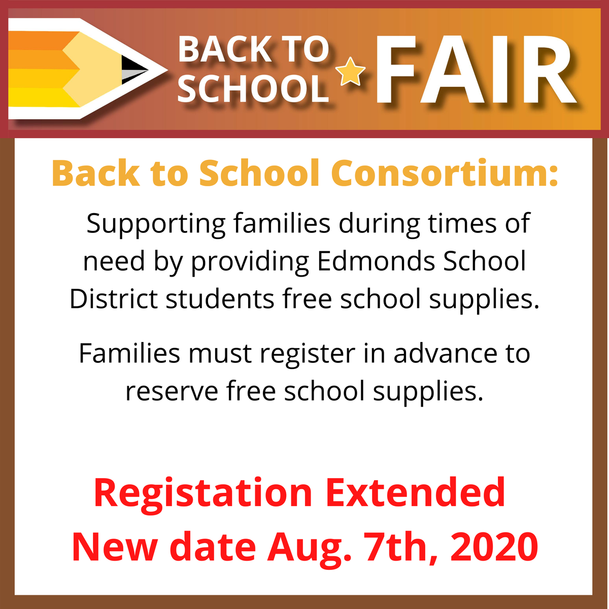 EdmondsSchools's tweet photo. Back to School Registration deadline extended to August 7th via online only. 

Back to School Consortium: 
Supporting families in need by providing ESD students registered K-12 with FREE school supplies.

Register online here: https://t.co/T6RTDORoe2 https://t.co/X4Bhv9JxGY
